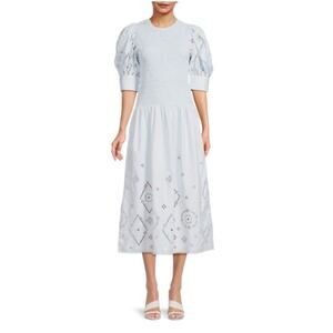 GANNI Broderie Anglaise Eyelet Cotton Midi Dress Light Blue Smocked Size 34 US 2